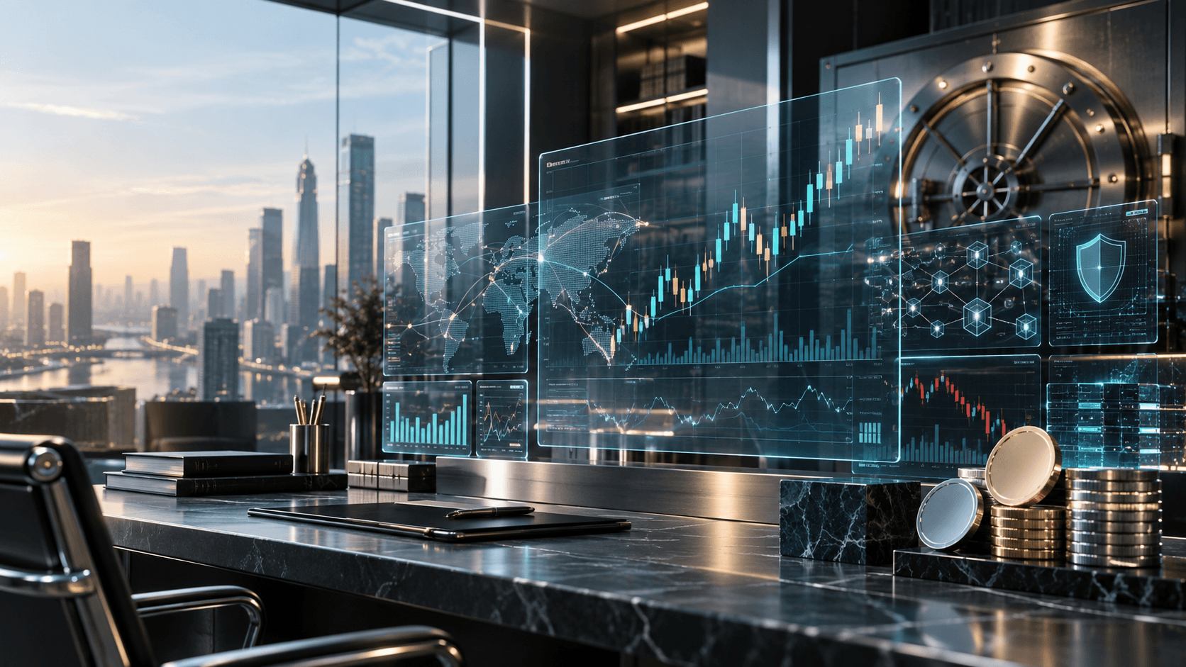 Abstract financial dashboard representing cryptocurrency coins